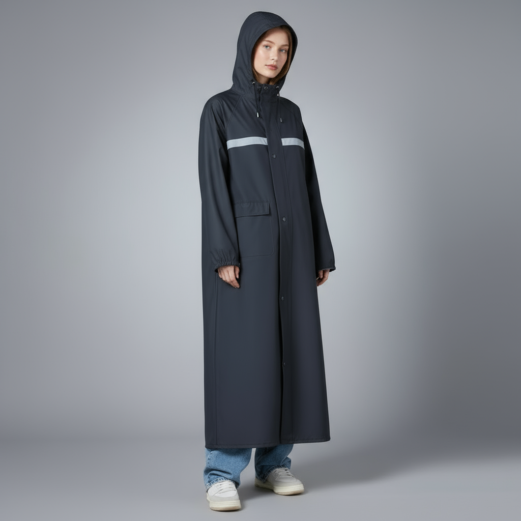 Sort RainPro Lang Regnjakke med kvindelig model